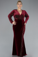 Burgundy Stoned Long Sleeve Velvet Oversized Evening Dress ABU4277