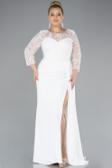 White Stoned Capri Sleeve Slit Chiffon Plus Size Evening Gown ABU4294