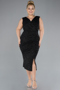 Black-Silver Midi Plus Size Evening Dress ABK1492