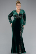 Emerald Green Stoned Long Sleeve Velvet Oversized Evening Dress ABU4277