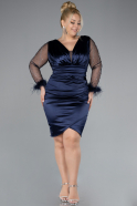 Navy Blue Long Sleeve Short Satin Plus Size Invitation Dress ABK2161