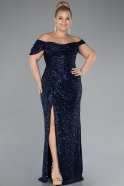 Navy Blue Boat Neck Long Sequined Evening Gown ABU4315