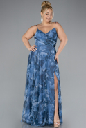 Indigo Slit Long Patterned Plus Size Prom Dress ABU4355