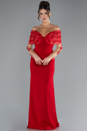 Red Boat Neck Guipure Long Sleeve Fishtail Evening Dress ABU4343