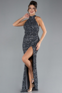 Anthracite Halter Neck Slit Long Scaly Evening Gown ABU4306