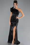 Black One Shoulder Sequined Slit Satin Evening Gown ABU4325