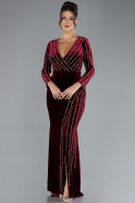 Burgundy Stoned Long Sleeve Velvet Evening Dress ABU4282