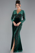 Emerald Green Stoned Long Sleeve Velvet Evening Dress ABU4282