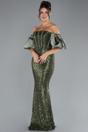 Olive Drab Strapless Sleeve Accessories Long Scaly Evening Gown ABU4308