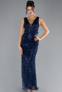 Navy Blue Sleeveless Scaly Long Evening Gown ABU4327