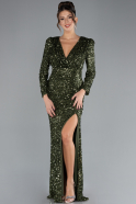 Olive Drab Long Sleeve Slit Sequined Evening Gown ABU4329