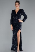 Navy Blue Long Sleeve Slit Sequined Plus Size Evening Dress ABU4333