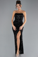 Black Strapless Slit Long Sequined Evening Gown ABU4330