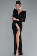 Black Long Sleeve Slit Sequined Plus Size Evening Dress ABU4333