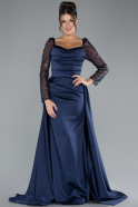 Navy Blue Sequin Long Sleeves Tail Satin Mermaid Evening Gown ABU4332