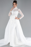 White Long Sleeve Guipure Silvery Tail Plus Size Wedding Dress ABU4344