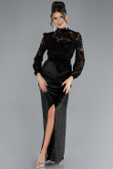 Black Guipure Long Sleeve Slit Velvet Evening Dress ABU4340