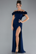 Navy Blue Floral Boat Neck Slit Long Mermaid Evening Gown ABU4335