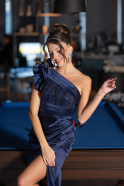 Navy Blue One Shoulder Sequined Slit Satin Evening Gown ABU4325