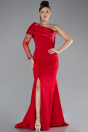 Red Stoned Single Sleeve Slit Long Mermaid Prom Dress ABU4350