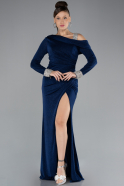 Navy Blue Long Sleeve Slit Glitter Evening Dress ABU4328