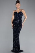 Navy Blue Strappy Underwire Corset Long Scaly Evening Gown ABU4346