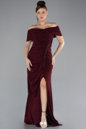 Burgundy Boat Neck Slit Long Glitter Plus Size Evening Dress ABU4318