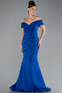 Sax Blue Boat Neck Long Stoned Plus Size Evening Gown ABU4347