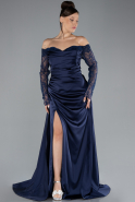 Navy Blue Laced Long Sleeve Slit Satin Plus Size Evening Dress ABU4348