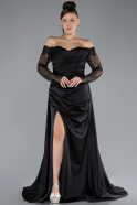 Black Laced Long Sleeve Slit Satin Plus Size Evening Dress ABU4348