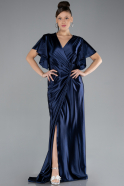 Navy Blue Short Sleeve Slit Long Satin Plus Size Evening Dress ABU4349