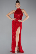 Red Halter Neck Slit Long Scaly Evening Gown ABU4376