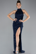 Navy Blue Halter Neck Slit Long Scaly Evening Gown ABU4376