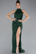 Emerald Green Halter Neck Slit Long Scaly Evening Gown ABU4376