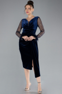 Navy Blue Long Sleeve Midi Velvet Invitation Dress ABK2168