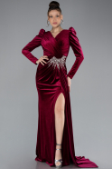 Burgundy Long Sleeve Slit Velvet Evening Gown ABU4375