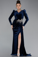 Navy Blue Long Sleeve Slit Velvet Evening Gown ABU4375