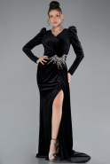 Black Long Sleeve Slit Velvet Evening Gown ABU4375