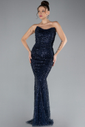 Navy Blue Strapless Long Beaded Fishtail Evening Gown ABU4382