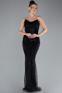 Black Strapless Long Beaded Fishtail Evening Gown ABU4382