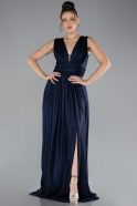 Navy Blue Sleeveless Slit Long Glitter Evening Dress ABU4377