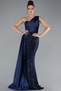 Navy Blue One Sleeve Long Sequined Evening Gown ABU4378