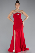 Red Stoned Strapless Neckline Slit Long Evening Gown ABU4379