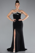 Black Stoned Strapless Neckline Slit Long Evening Gown ABU4379