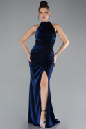 Navy Blue Halter Neck Slit Long Glitter Prom Gown ABU4383