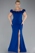 Sax Blue Floral Collar Slit Long Plus Size Evening Gown ABU4388