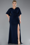 Navy Blue Short Sleeve Slit Plus Size Evening Gown ABU4391