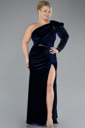 Navy Blue One Sleeve Slit Long Velvet Plus Size Evening Dress ABU4339