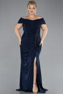 Navy Blue Boat Neck Slit Long Glitter Plus Size Evening Dress ABU4318