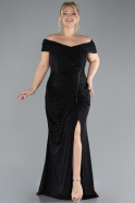 Black Boat Neck Slit Long Glitter Plus Size Evening Dress ABU4318